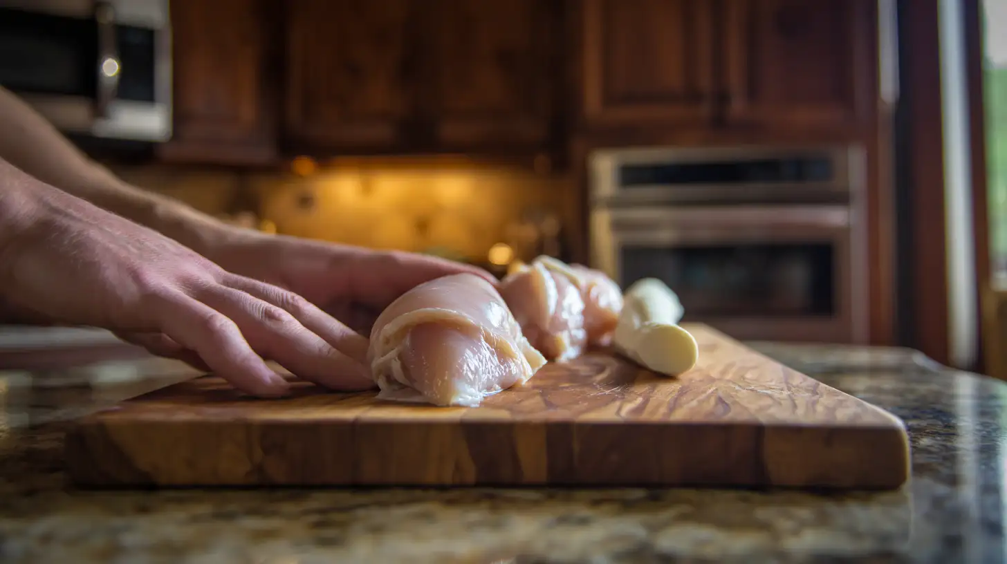 step2-roll-mozzarella-garlic-chicken-skewers Rolling mozzarella inside flattened chicken for garlic mozzarella chicken bomb skewers – perfect easy garlic chicken dinner idea and quick protein-packed meal