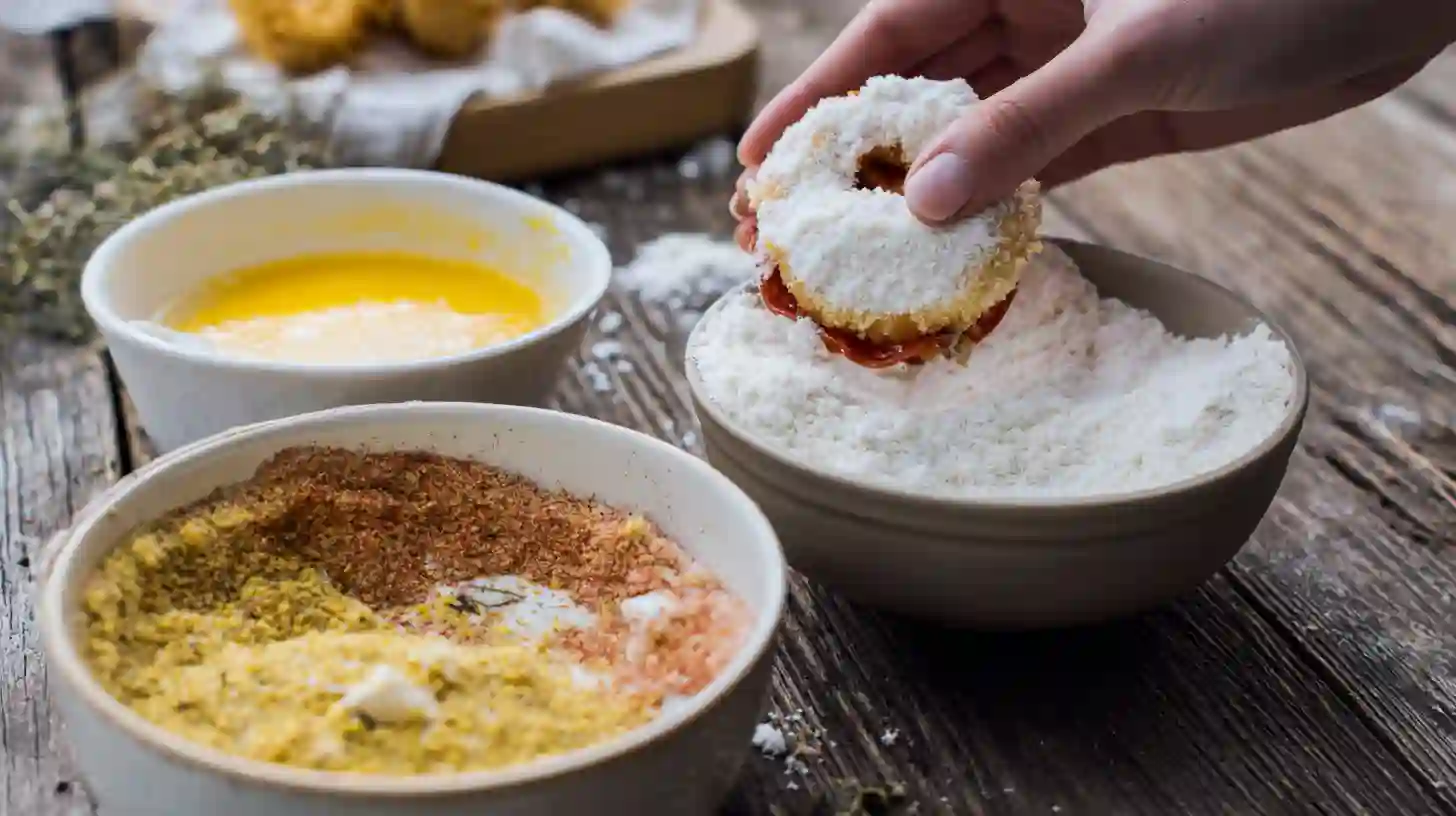 step3-breading-station-pizza-onion-rings Breading station with flour, eggs, and seasoned breadcrumbs for stuffed pizza onion rings recipe, a key step in making crispy fried appetizers and quick and cheap meals