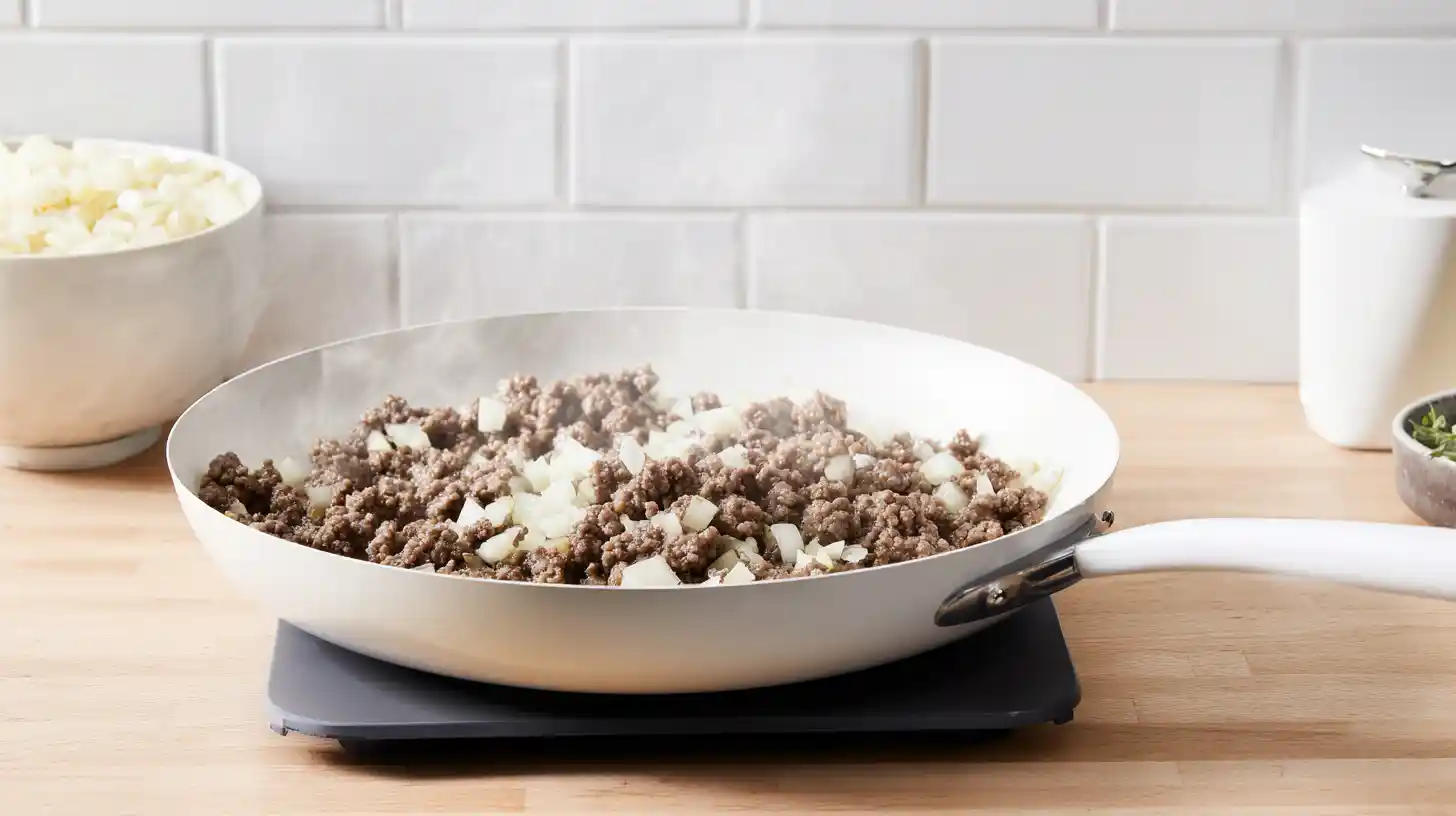 step3-brown-beef-onion-garlic-budget-meal-casserole Browning beef with garlic and onions for cheddar beef noodle casserole – quick dinner recipe idea for busy families