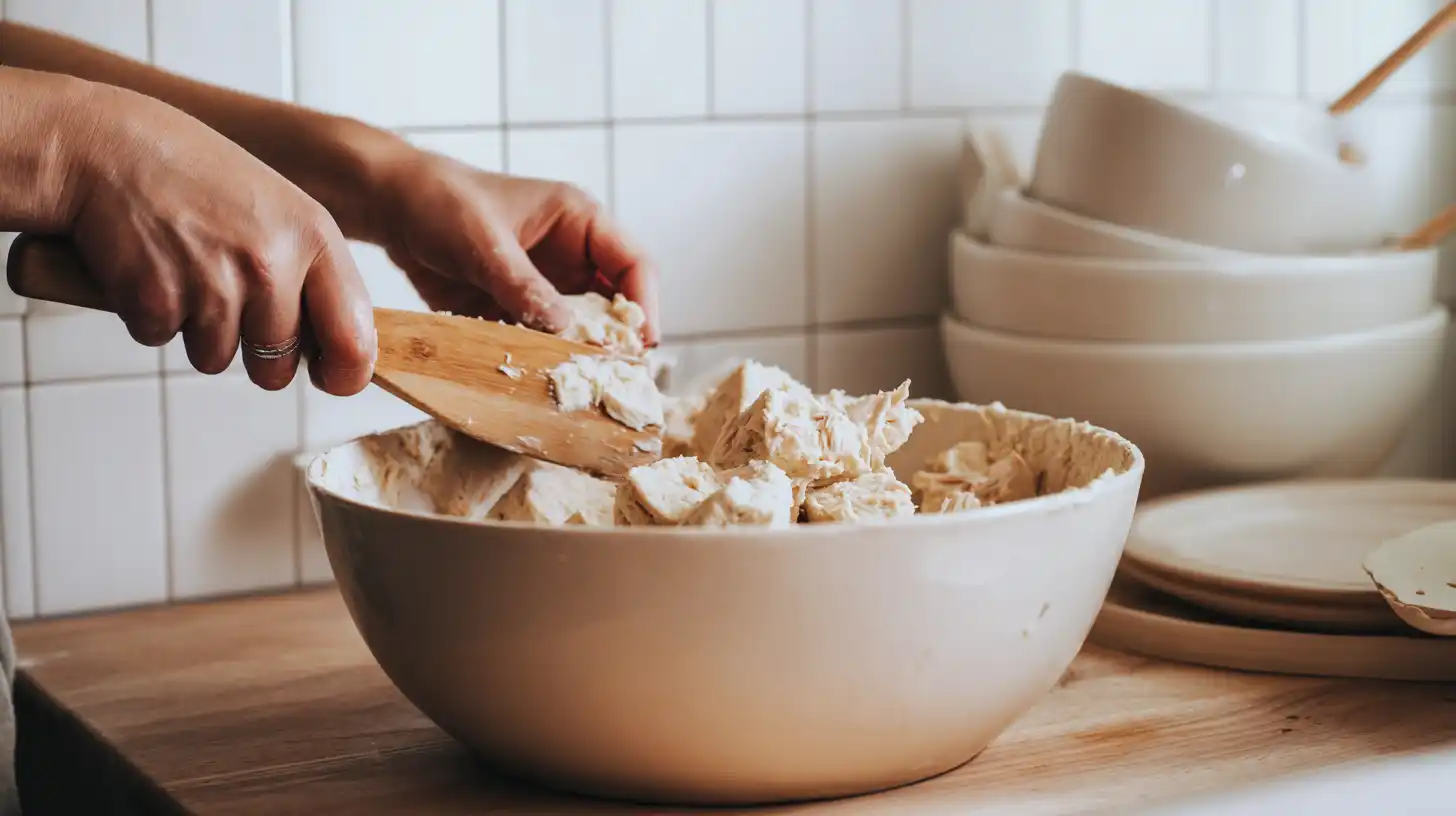 step3-fold-biscuits-chicken-casserole Folding biscuit dough into cheesy chicken casserole mix – best budget friendly chicken dinners with biscuits