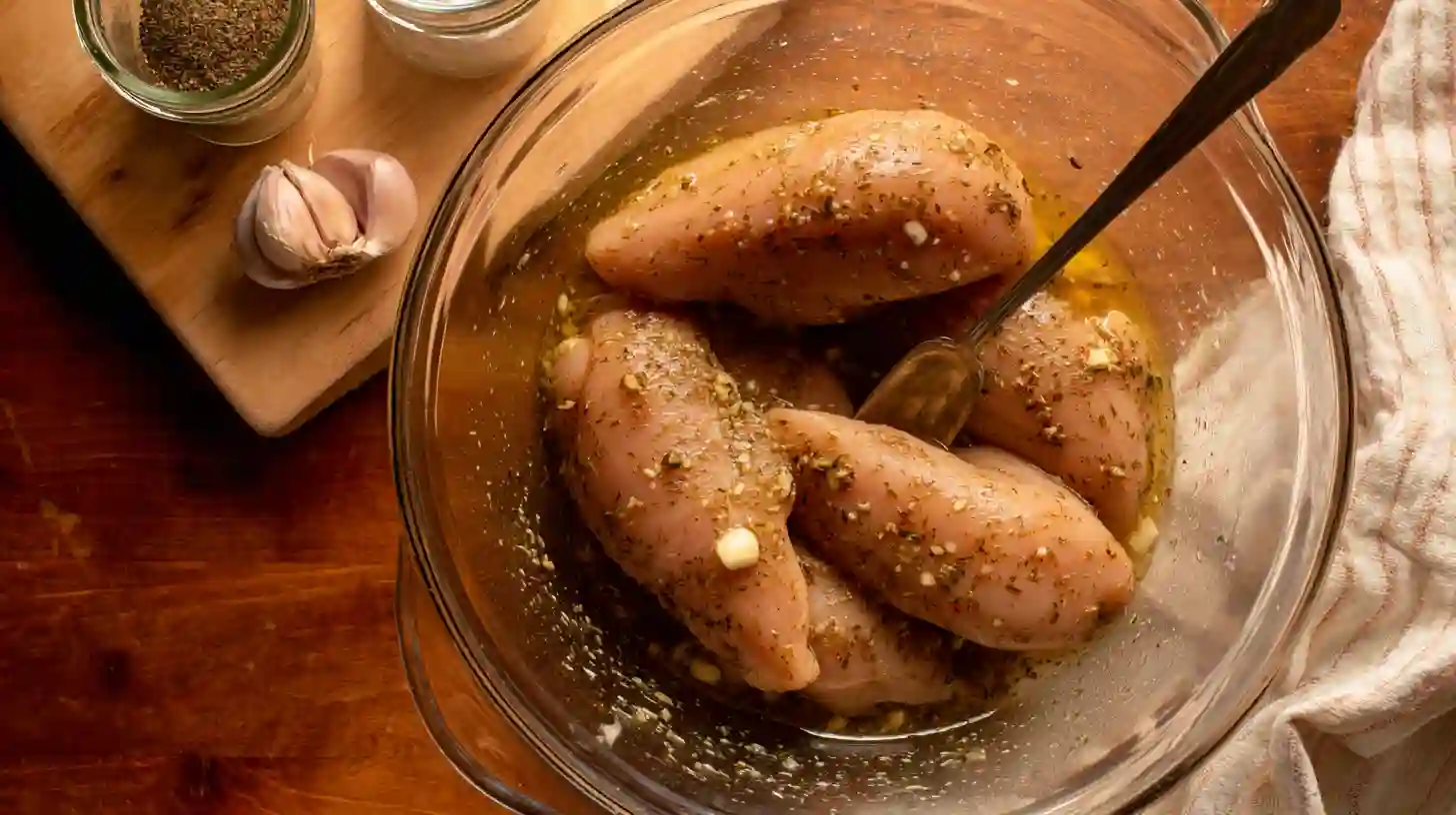 step3-garlic-marinate-chicken-mozzarella-skewers Marinating garlic mozzarella chicken bomb skewers with garlic, olive oil, and seasoning – a must for easy garlic chicken dinner ideas and high protein meals