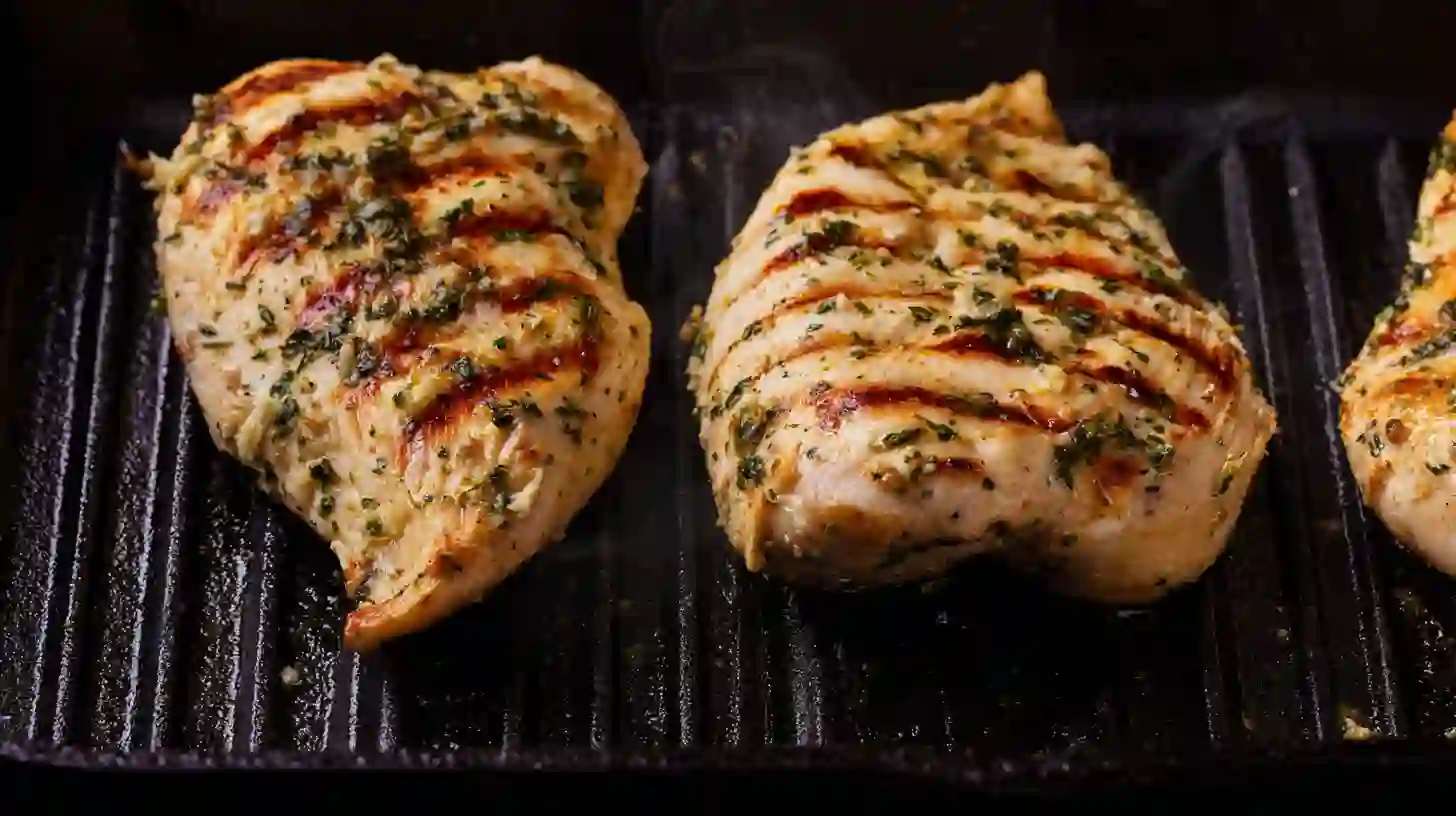 step3-grill-chicken-loaded-herb-creamy-pesto-pasta Grilling herb-marinated chicken on the best grill pan for chicken, making loaded herb grilled chicken with creamy pesto pasta, a healthy grilled chicken recipe for easy weeknight chicken dinners