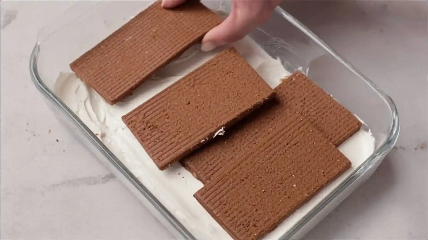 step3-layering-chocolate-wafers-icebox-cake Layering chocolate wafers over whipped cream base for Chocolate Dreams in an Icebox – best icebox cake for entertaining