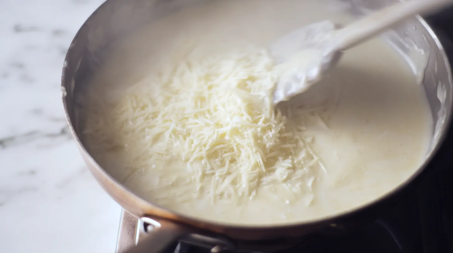 step3-melt-parmesan-quick-homemade-alfredo-sauce Step 3 Quick Homemade Alfredo Sauce – Parmesan melting for Best Pasta Sauces for Families and Save Money on Groceries dinners