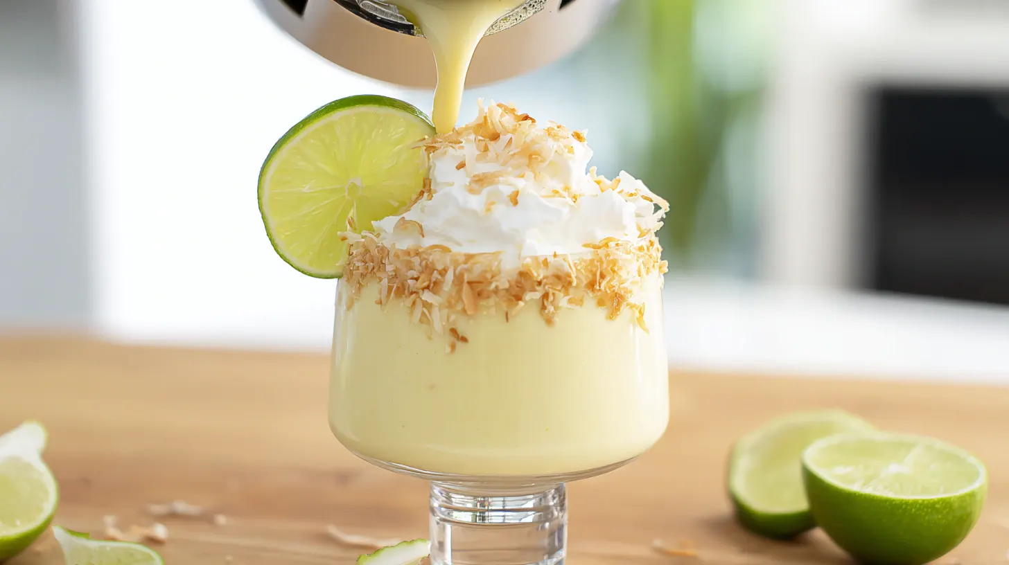 step3-pour-serve-key-lime-cheesecake-pina-colada Pouring creamy Key Lime Pie Cheesecake Piña Colada into glass, topped with lime, coconut, and whipped cream – tropical cheesecake cocktail, best summer frozen drinks