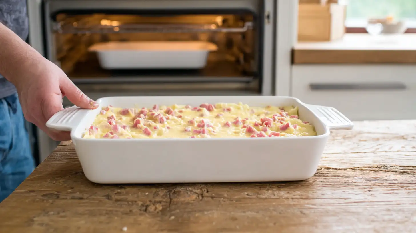step3-spread-bake-ham-potato-casserole Spreading cheesy ham and potato casserole into baking dish – easy family casserole recipe, budget-friendly oven dinners, quick comfort food.