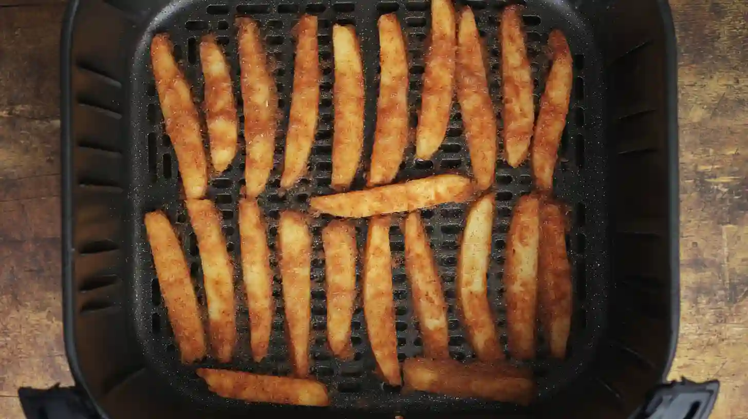 step4-arrange-air-fryer-crispy-apple-fries Step 4 Crispy Air Fryer Apple Fries recipe – apple strips arranged flat in the air fryer basket for quick healthy air fryer snack ideas