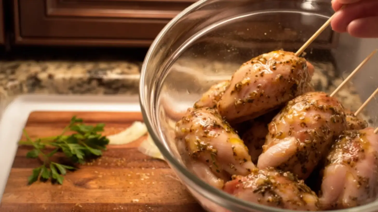 step4-chill-skewer-garlic-mozzarella-chicken-bombs Skewering chilled garlic mozzarella chicken rolls – easy garlic chicken dinner idea for quick protein-packed meals and affordable family dinners