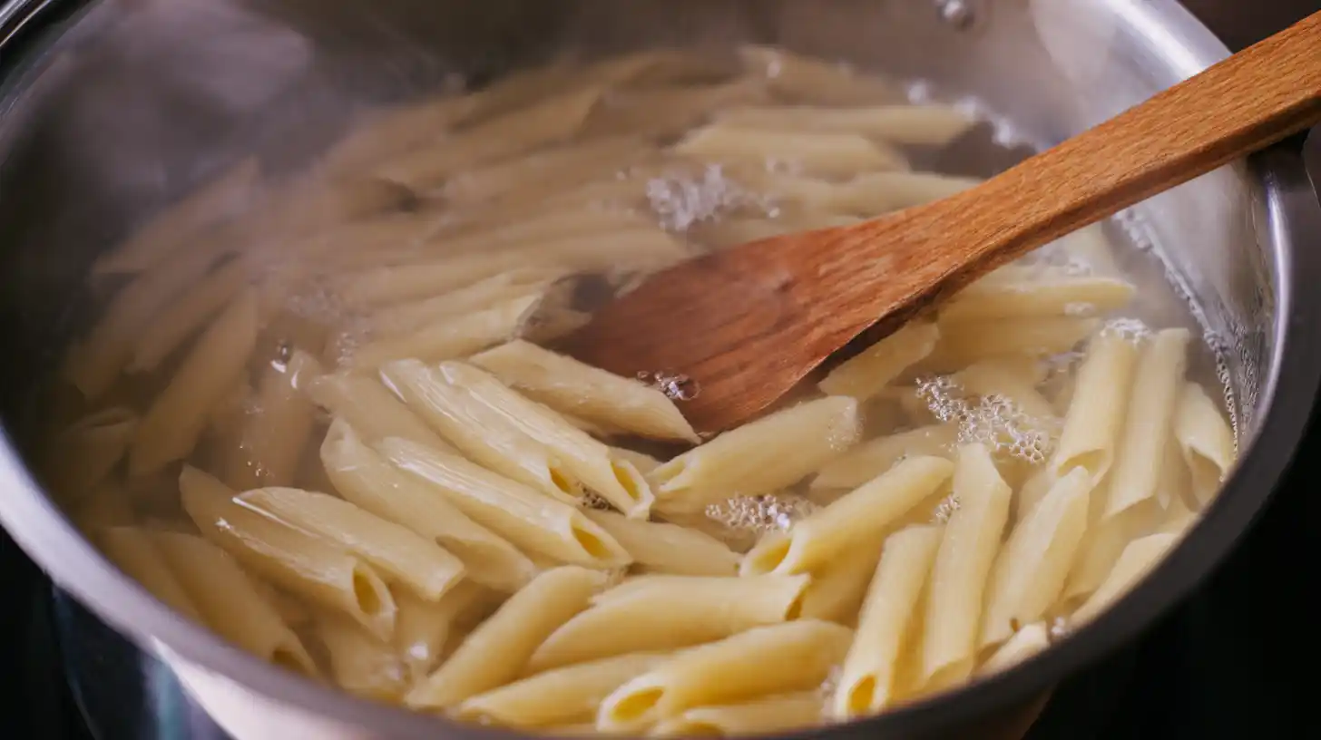 step4-cook-pasta-loaded-herb-creamy-pesto-pasta Cooking penne pasta al dente in salted boiling water for loaded herb grilled chicken with creamy pesto pasta, part of healthy grilled chicken recipes and easy weeknight chicken dinners
