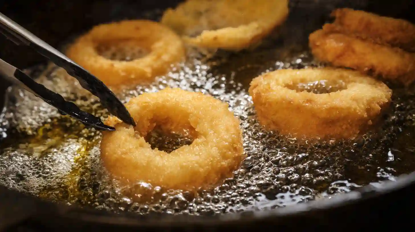 step4-fry-golden-pizza-onion-rings Stuffed pizza onion rings frying in hot oil at 350°F, turning golden crispy for the perfect fried appetizers and quick and cheap meals
