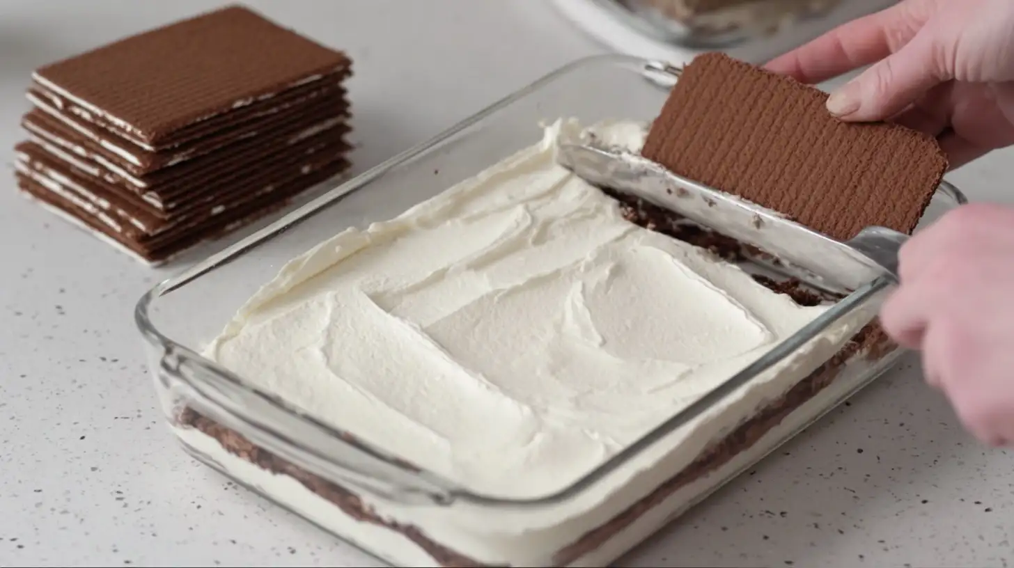 step4-layering-cream-chocolate-wafers-icebox-cake Layering whipped cream and chocolate wafers for Chocolate Dreams in an Icebox – easy dessert recipes for large groups