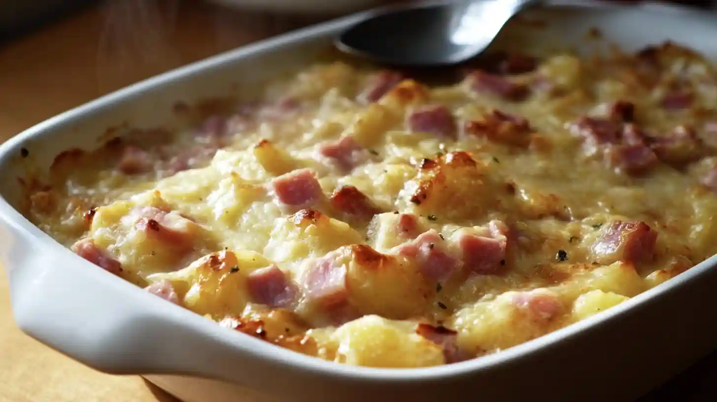 step4-let-it-rest-cheesy-ham-potato-casserole Resting cheesy ham and potato casserole fresh from oven – best family comfort food, easy dinners for busy nights, quick budget meal idea.