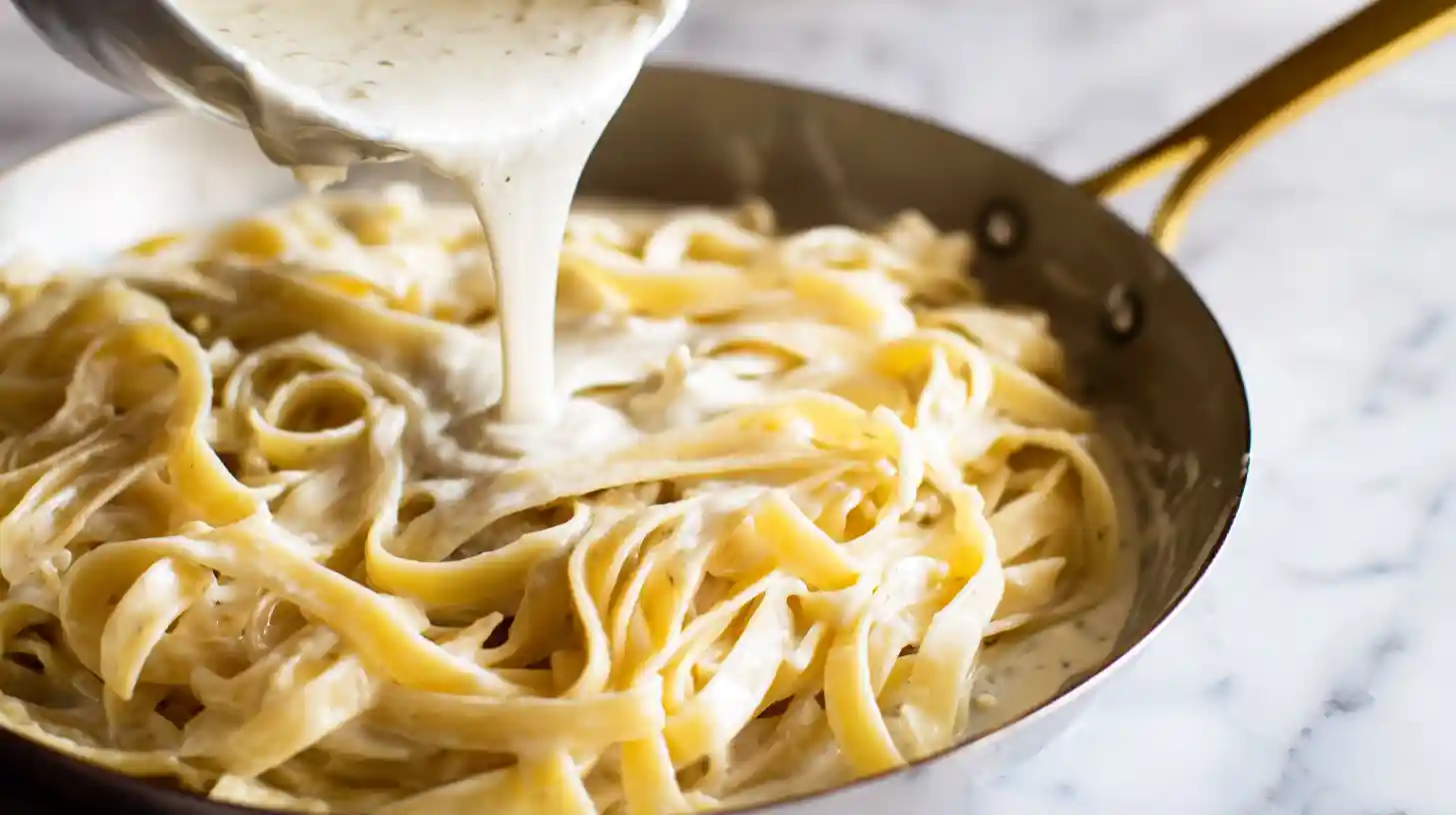 step4-serve-pasta-quick-homemade-alfredo-sauce Step 4 Quick Homemade Alfredo Sauce – pouring creamy sauce over pasta for Best Pasta Sauces for Families and Save Money on Groceries meals