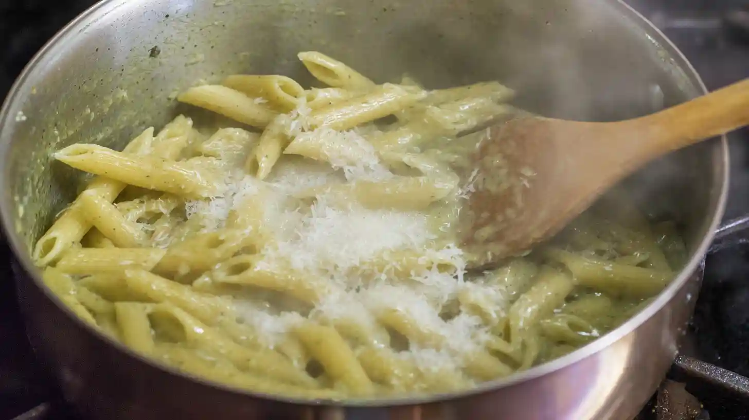 step5-creamy-pesto-pasta-loaded-herb-grilled-chicken Making creamy pesto pasta with Parmesan and butter for loaded herb grilled chicken with creamy pesto pasta, one of the best Italian chicken pasta recipes and easy weeknight chicken dinners
