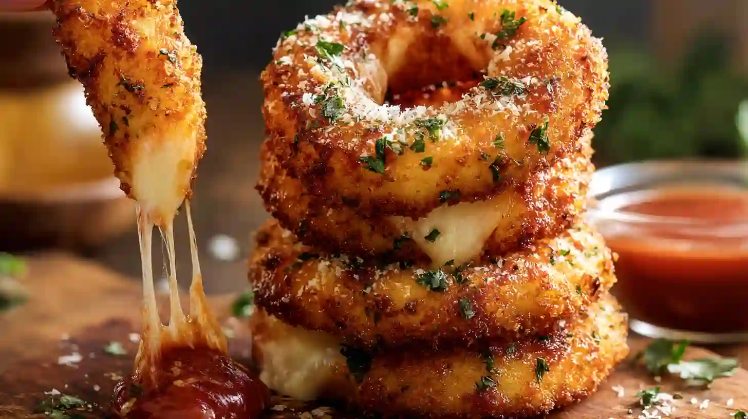 step5-serve-stuffed-pizza-onion-rings Crispy stuffed pizza onion rings served with marinara dipping sauce, topped with parsley and Parmesan — the ultimate crispy fried appetizers and easy dinner recipes for families