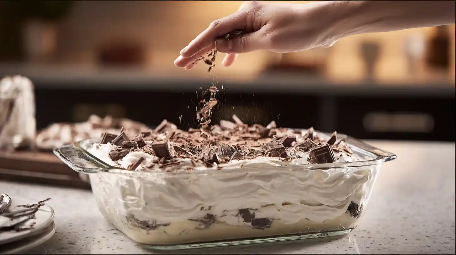 step5-topping-chocolate-icebox-cake Sprinkling crushed chocolate wafers and shaved chocolate on Chocolate Dreams in an Icebox – gourmet no-bake dessert recipes