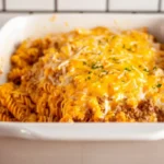 Cheddar beef noodle casserole ready to bake – easy oven dinner for families on a budget