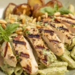 Plated loaded herb grilled chicken with creamy pesto pasta and roasted potatoes, an Italian chicken pasta recipe and one of the best easy weeknight chicken dinners