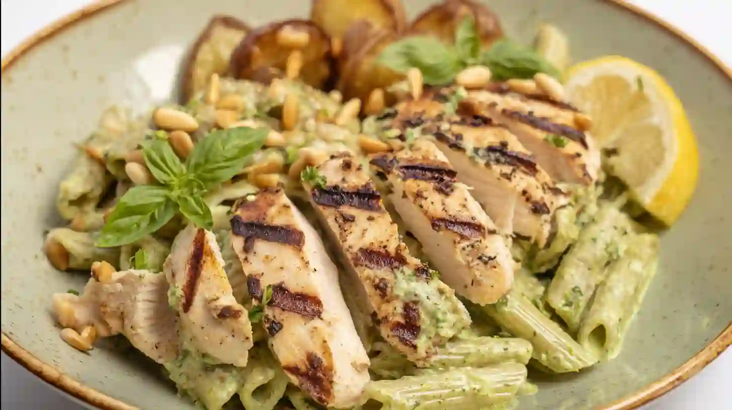 step6-plating-loaded-herb-grilled-chicken-creamy-pesto-pasta Plated loaded herb grilled chicken with creamy pesto pasta and roasted potatoes, an Italian chicken pasta recipe and one of the best easy weeknight chicken dinners