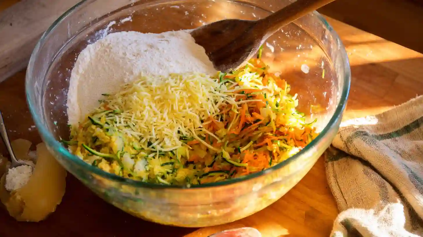stirring-veggie-batter-zucchini-cheese-muffin Stirring cheese, flour, and herbs into veggie mixture for Zucchini Potato Carrot and Cheese Muffins – part of an easy vegetable muffin recipe for families