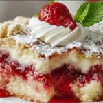 Strawberry Cheesecake Dump Cake slice with cream cheese and strawberry topping – easy dessert recipes for families