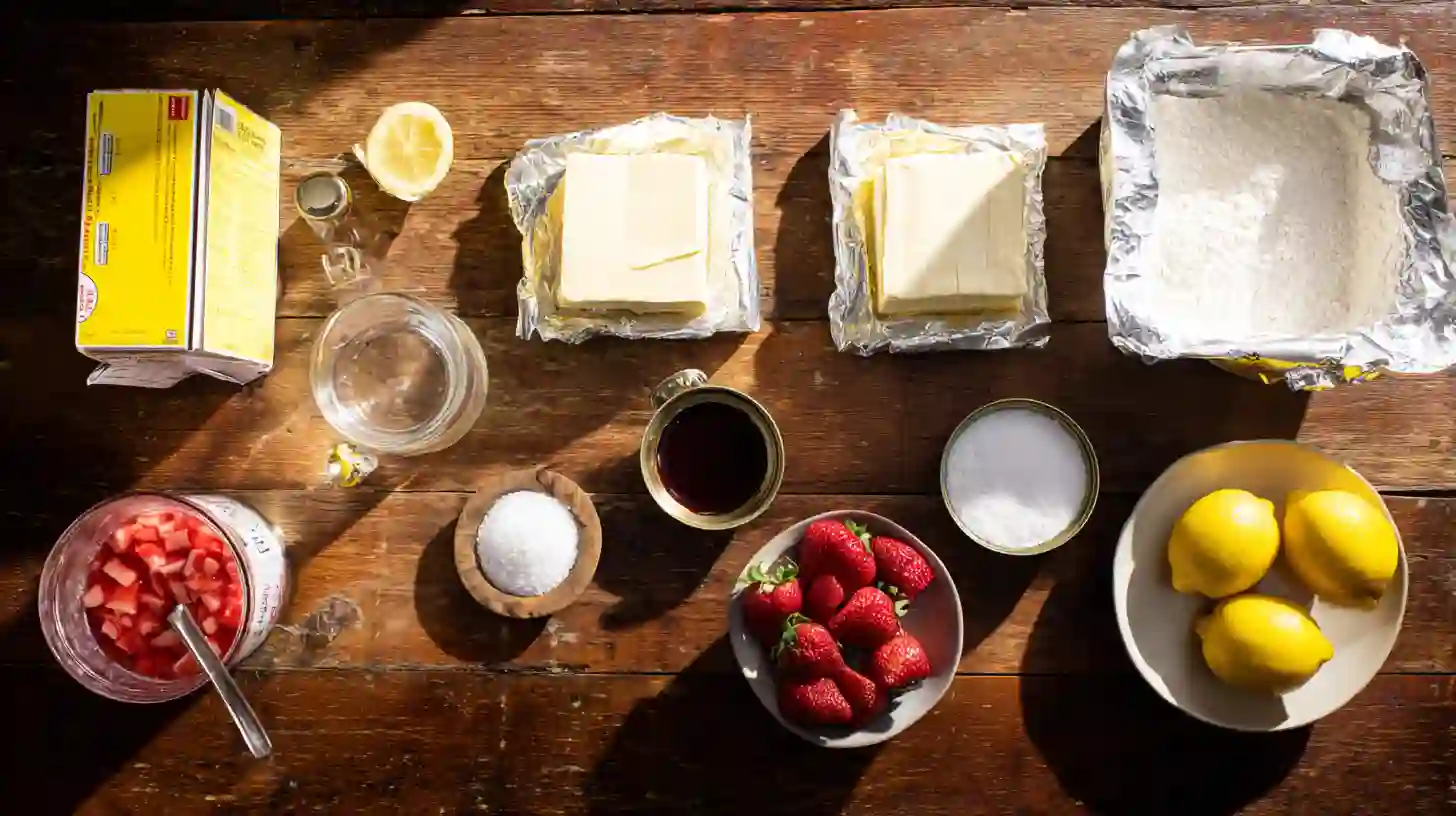 strawberry-cheesecake-dump-cake-ingredients-image Ingredients for Strawberry Cheesecake Dump Cake with cream cheese, yellow cake mix, butter, sugar, vanilla, lemon zest, salt, and strawberry filling – easy dessert recipes for families