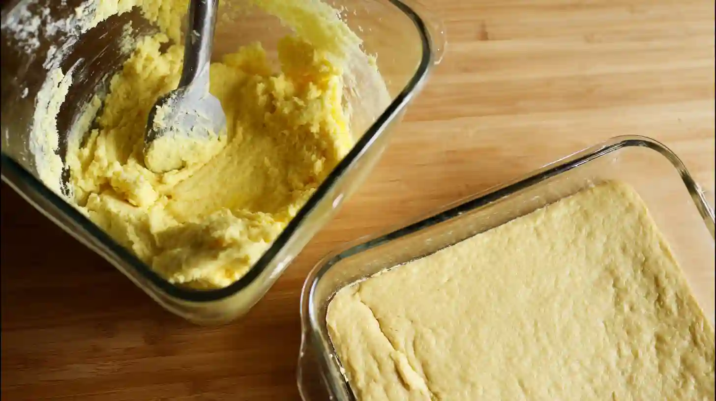 strawberry-cheesecake-dump-cake-step-2-make-crust Mixing cake mix and melted butter for Strawberry Cheesecake Dump Cake crust – affordable meal ideas with cake mix