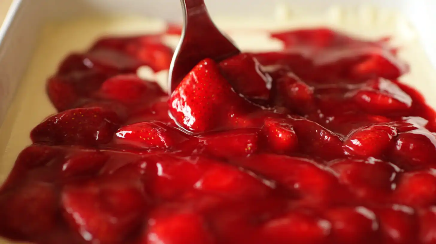 strawberry-cheesecake-dump-cake-step-4-add-strawberries Spreading strawberry pie filling over cream cheese layer for Strawberry Cheesecake Dump Cake – easy strawberry cheesecake dessert for families