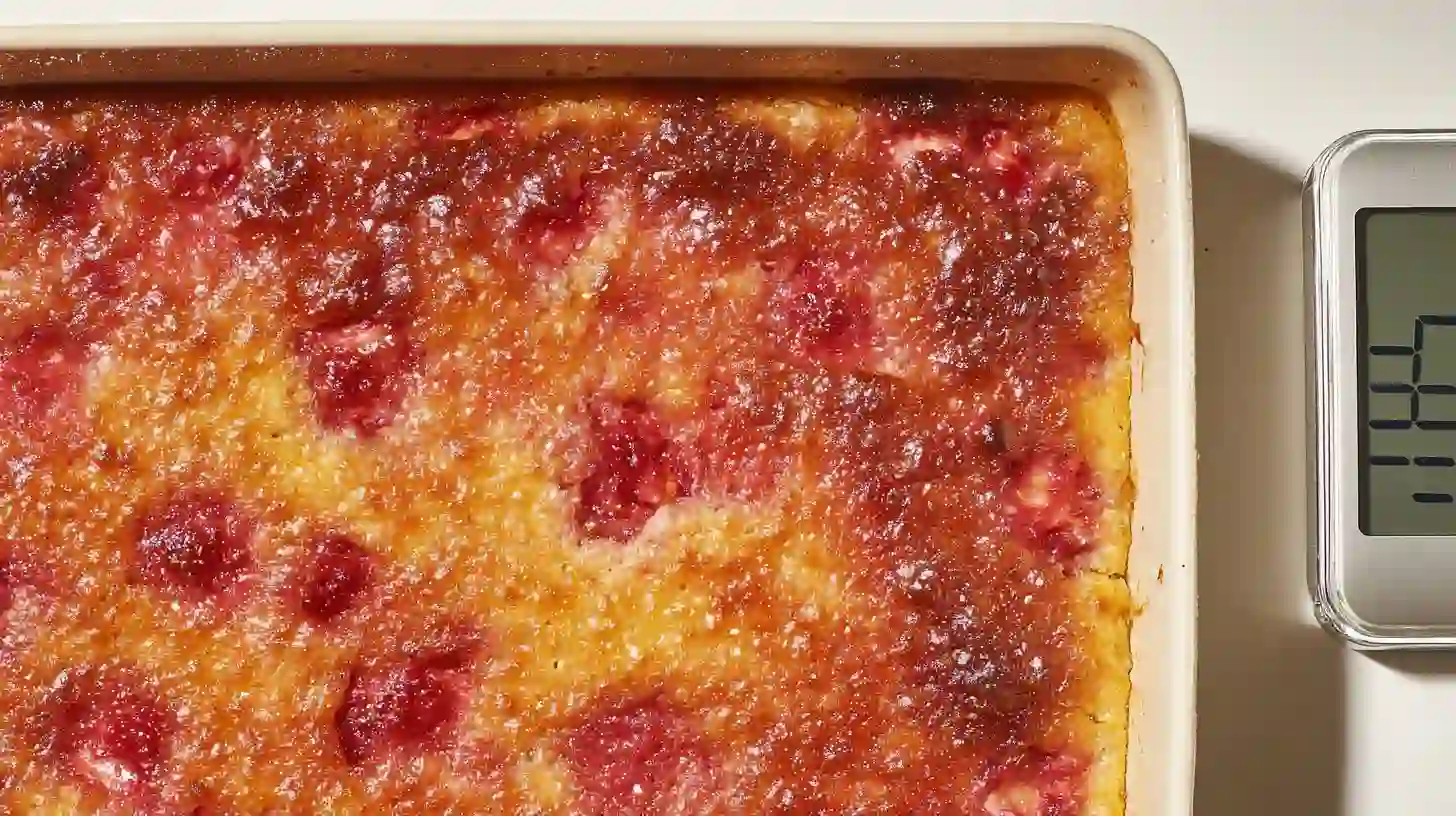 strawberry-cheesecake-dump-cake-step-5-bake-and-chill Baked Strawberry Cheesecake Dump Cake cooling before chilling – best easy strawberry cheesecake dessert recipe for families