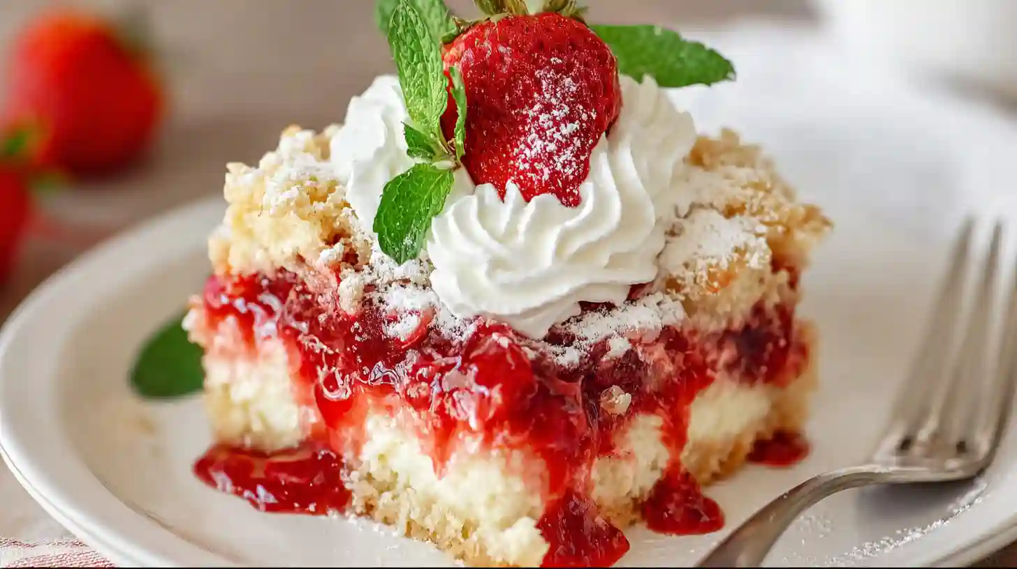 strawberry-cheesecake-dump-cake-step-6-serve-with-love Serving Strawberry Cheesecake Dump Cake with fresh strawberries – easy dessert recipes for families and special occasions