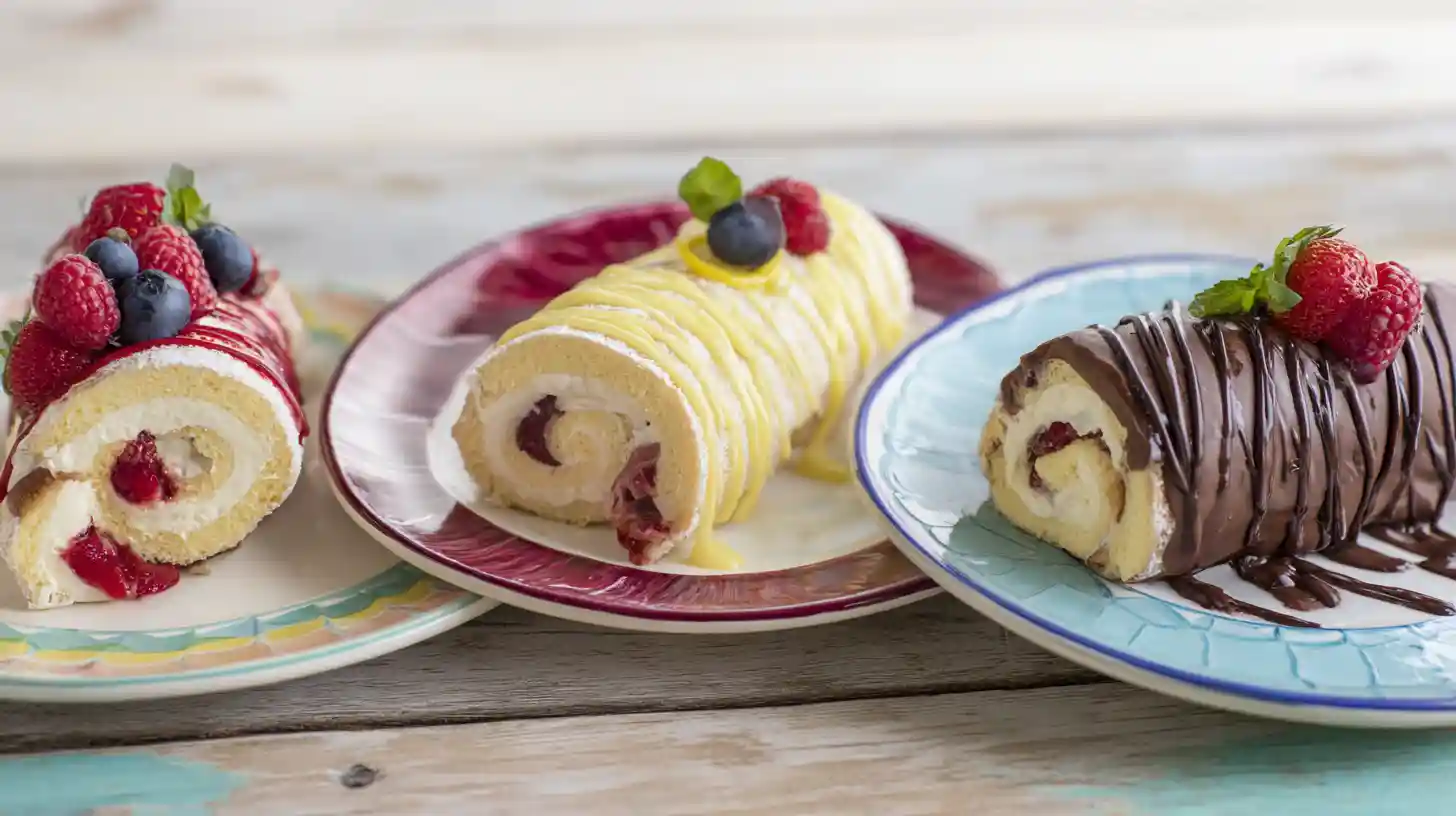 strawberry-cheesecake-rolls-creative-variations Creative variations of Strawberry Shortcake Cheesecake Rolls recipe including mixed berry roll, lemon cheesecake roll, and chocolate-dipped roll, perfect for simple summer dessert recipes and budget-friendly dessert ideas