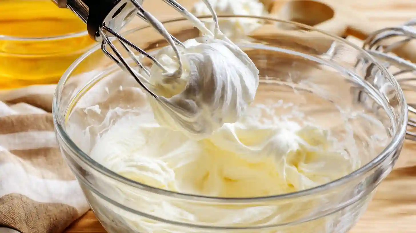 strawberry-cheesecake-rolls-step1-cream-filling Making cream filling for Strawberry Shortcake Cheesecake Rolls recipe by beating cream cheese, sugar, and vanilla, then folding in whipped cream, a base for quick no bake cheesecake desserts