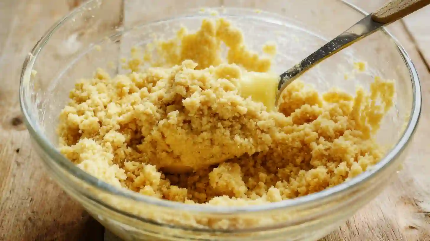 strawberry-cheesecake-rolls-step3-crumb-base Mixing crushed cookies with melted butter to make the crumb base for Strawberry Shortcake Cheesecake Rolls recipe, a key step in budget-friendly dessert ideas and quick no bake cheesecake desserts