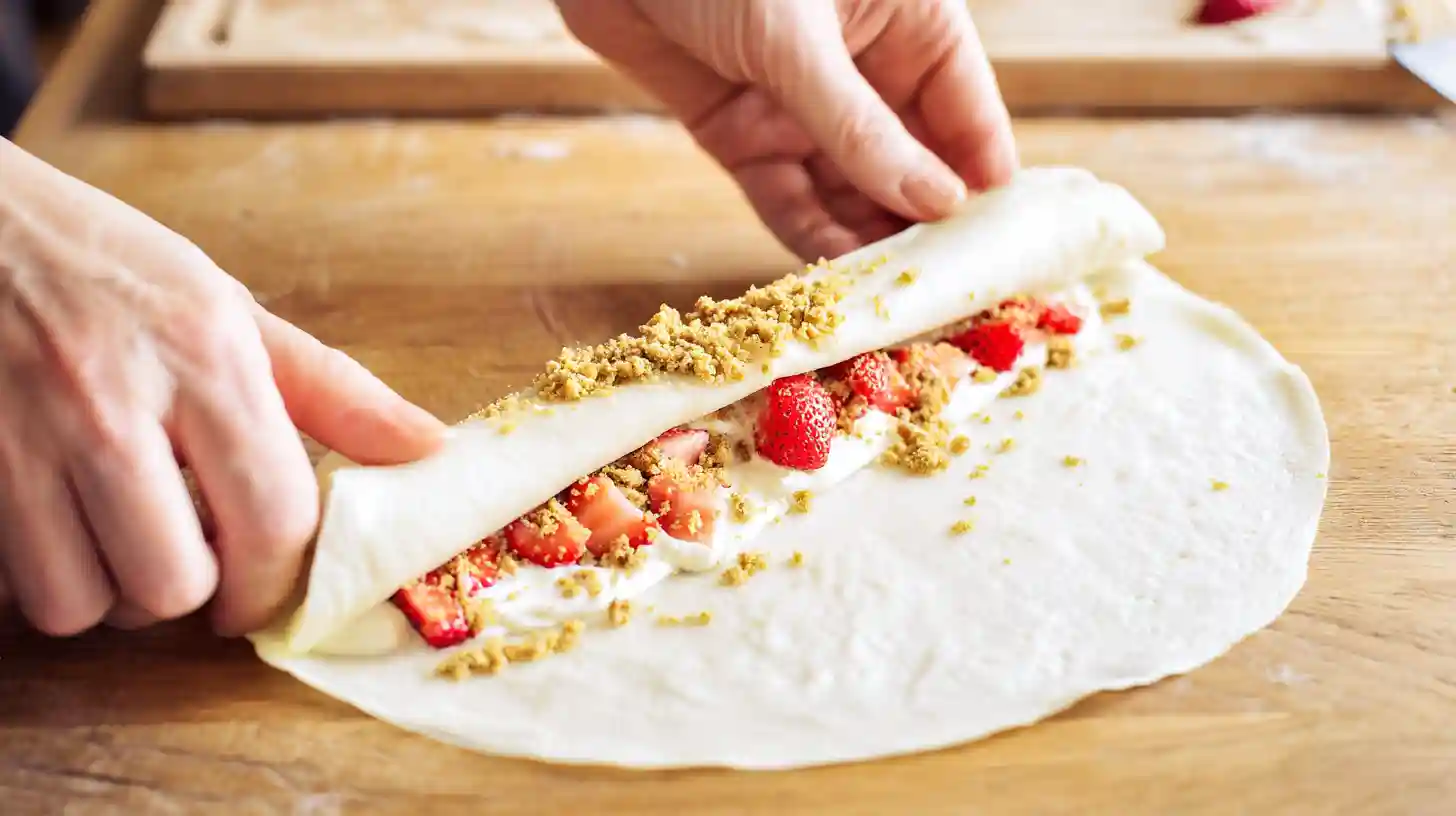 strawberry-cheesecake-rolls-step4-rolling Rolling crepe with cream, crumbs, and strawberries to make Strawberry Shortcake Cheesecake Rolls recipe, a quick no bake cheesecake dessert and simple summer dessert recipe