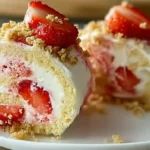 Chilled and sliced Strawberry Shortcake Cheesecake Rolls recipe dusted with powdered sugar, an easy dessert recipe for families and a quick no bake cheesecake dessert