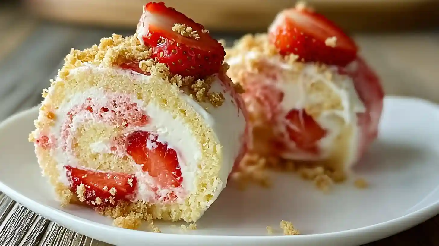 strawberry-cheesecake-rolls-step5-serving Chilled and sliced Strawberry Shortcake Cheesecake Rolls recipe dusted with powdered sugar, an easy dessert recipe for families and a quick no bake cheesecake dessert