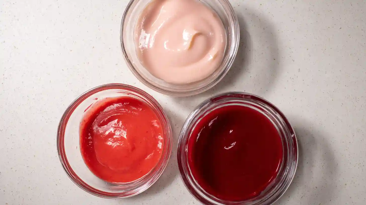 strawberry-sauce-variations-for-cakes Three strawberry dessert sauces – classic glaze, cream cheese strawberry sauce, and warm strawberry syrup for cakes and pastries.