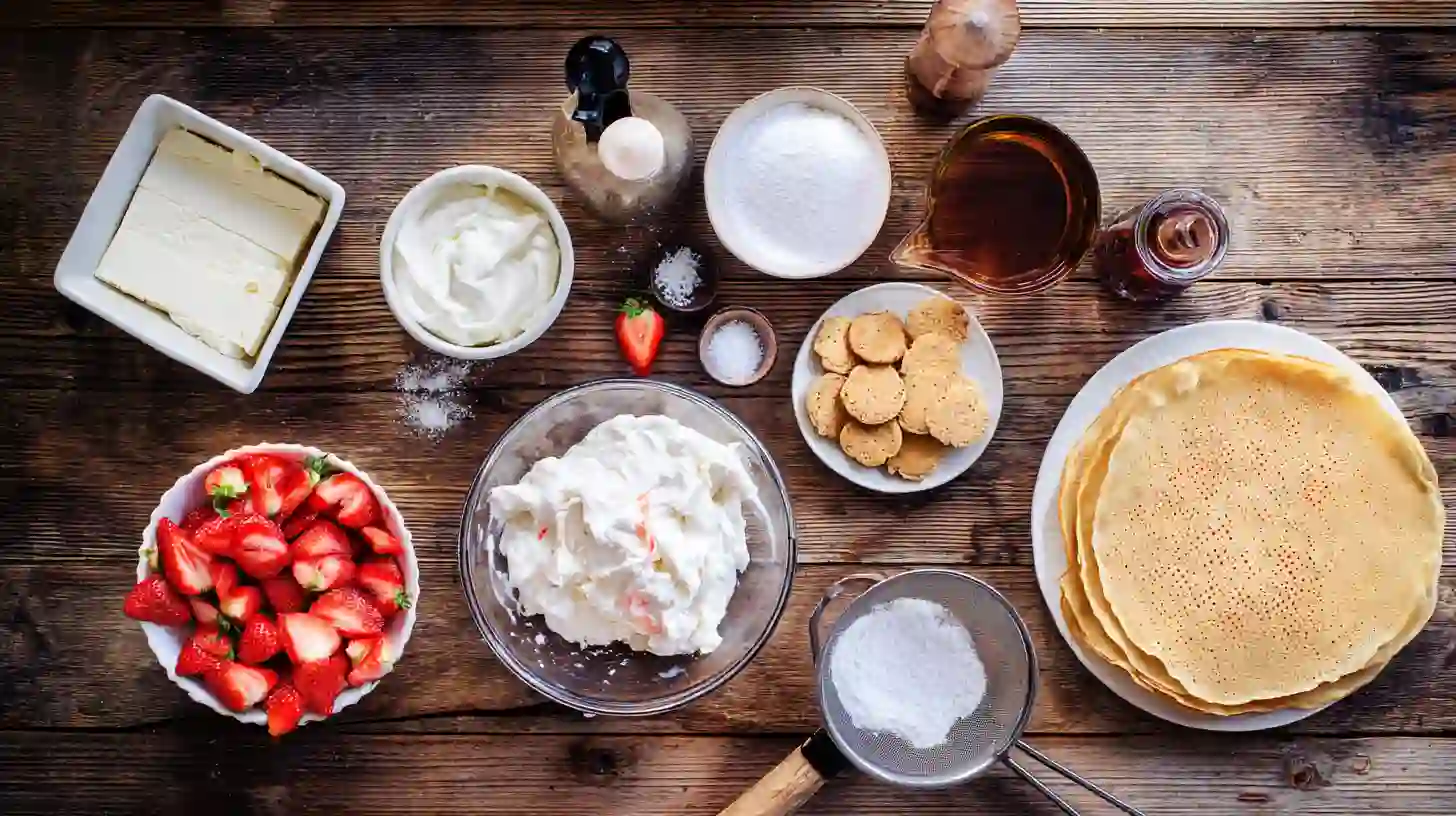 strawberry-shortcake-cheesecake-rolls-ingredients-Image Ingredients for Strawberry Shortcake Cheesecake Rolls recipe including cream cheese, strawberries, shortbread crumbs, and crepes, perfect for easy dessert recipes for families