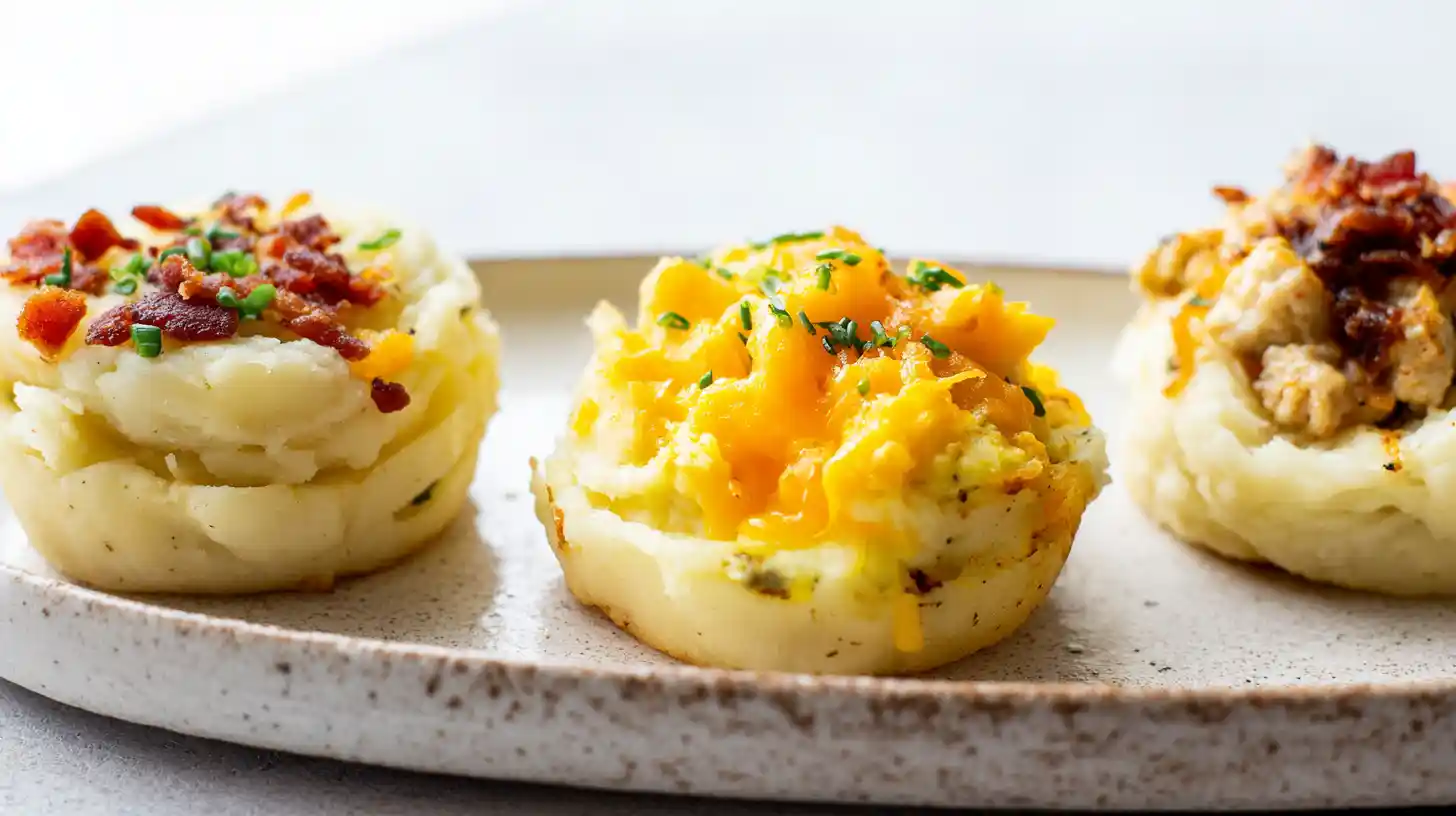 stuffed-mashed-potato-nest-variations Three stuffed mashed potato nest variations including bacon and cheese, chicken and veggie, and breakfast brunch nests with eggs and sausage, a high-protein potato recipe for easy dinner recipes for families