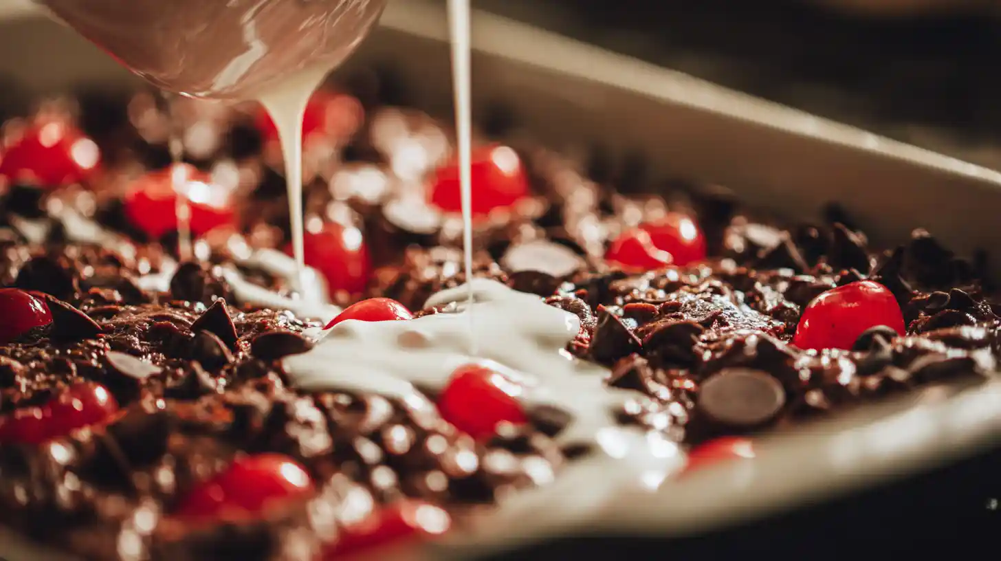 Adding cherries, chocolate chips, and condensed milk topping for Chocolate Covered Cherry Magic Bars recipe – step in easy dessert recipes for families and holiday dessert bars recipes