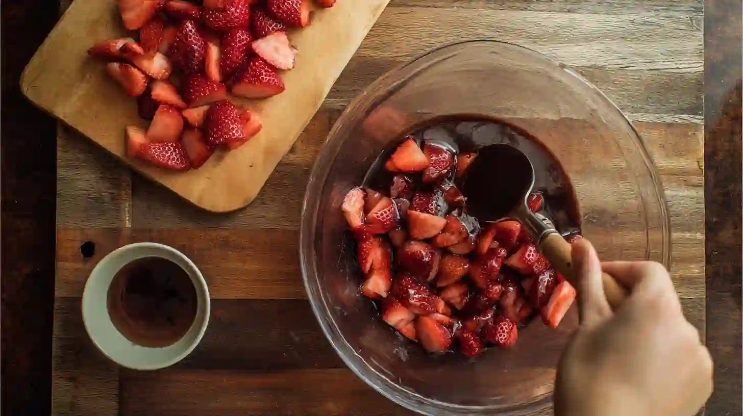 toss-strawberries-balsamic-bacon-strawberry-shortcake-burger Sliced strawberries tossed with balsamic for Bacon Strawberry Shortcake Burger – perfect for bacon and berry recipes and easy summer meals