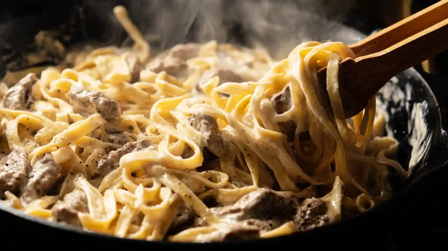 tossing-fettuccine-creamy-beef-loaded-bacon-cheeseburger-alfredo Tossing fettuccine pasta with creamy beef Alfredo sauce for loaded bacon cheeseburger Alfredo pasta, easy comfort food recipe