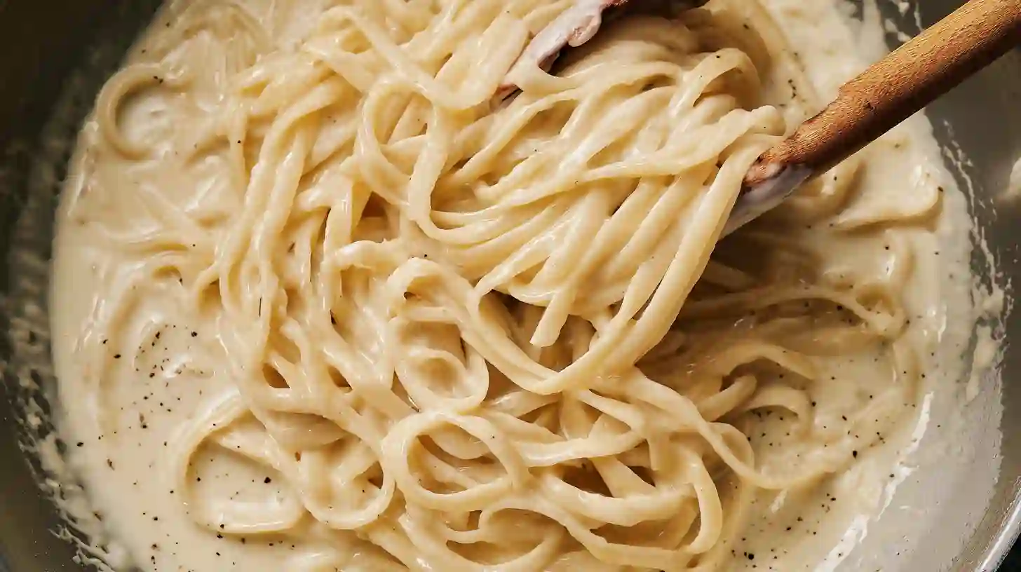 tossing-linguine-creamy-sauce-steak-bites Tossing linguine in creamy garlic sauce for cheesy garlic steak bites and creamy linguine, creamy pasta recipes and quick weeknight meals with steak