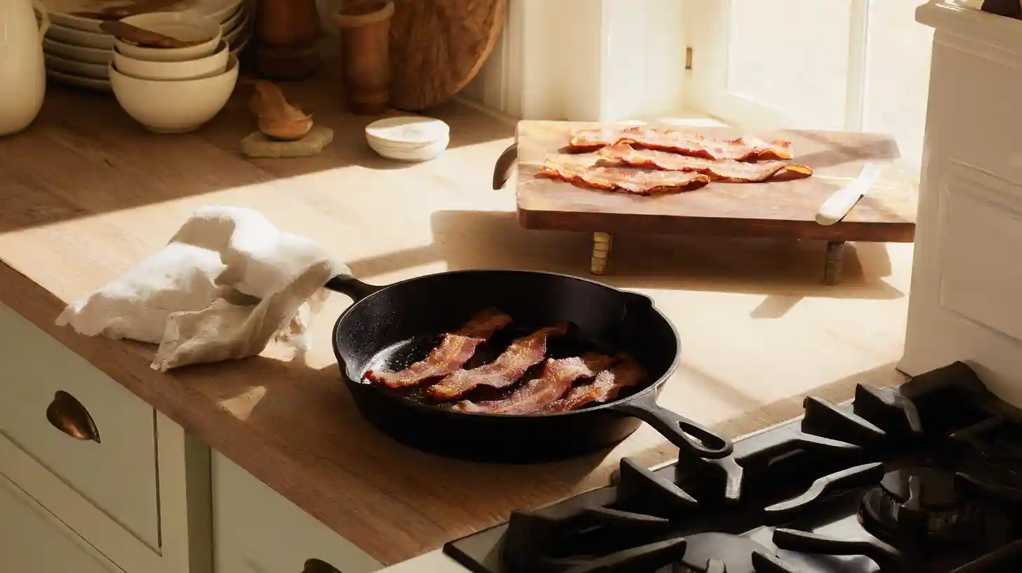 triple-cheese-bacon-ranch-melt-step-2-crispy-bacon-cooking Cooking crispy bacon in a skillet for high-protein Triple Cheese Bacon Ranch Melt recipe