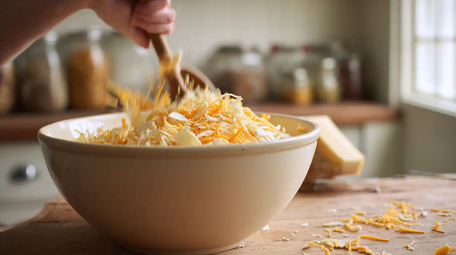 triple-cheese-bacon-ranch-melt-step-3-mix-shredded-cheese Mixing cheddar, mozzarella, and pepper jack cheese for a cheesy Triple Cheese Bacon Ranch Melt recipe
