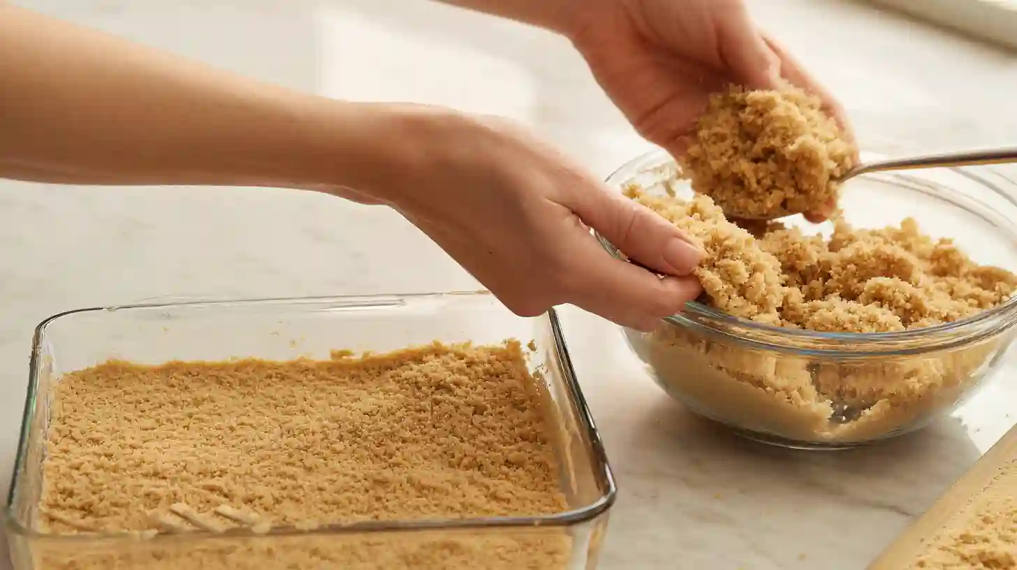 tropical-no-bake-strawberry-split-cake-step-1-make-crust Making the graham cracker crust for Tropical No-Bake Strawberry Split Cake – easy tropical dessert recipe step-by-step.