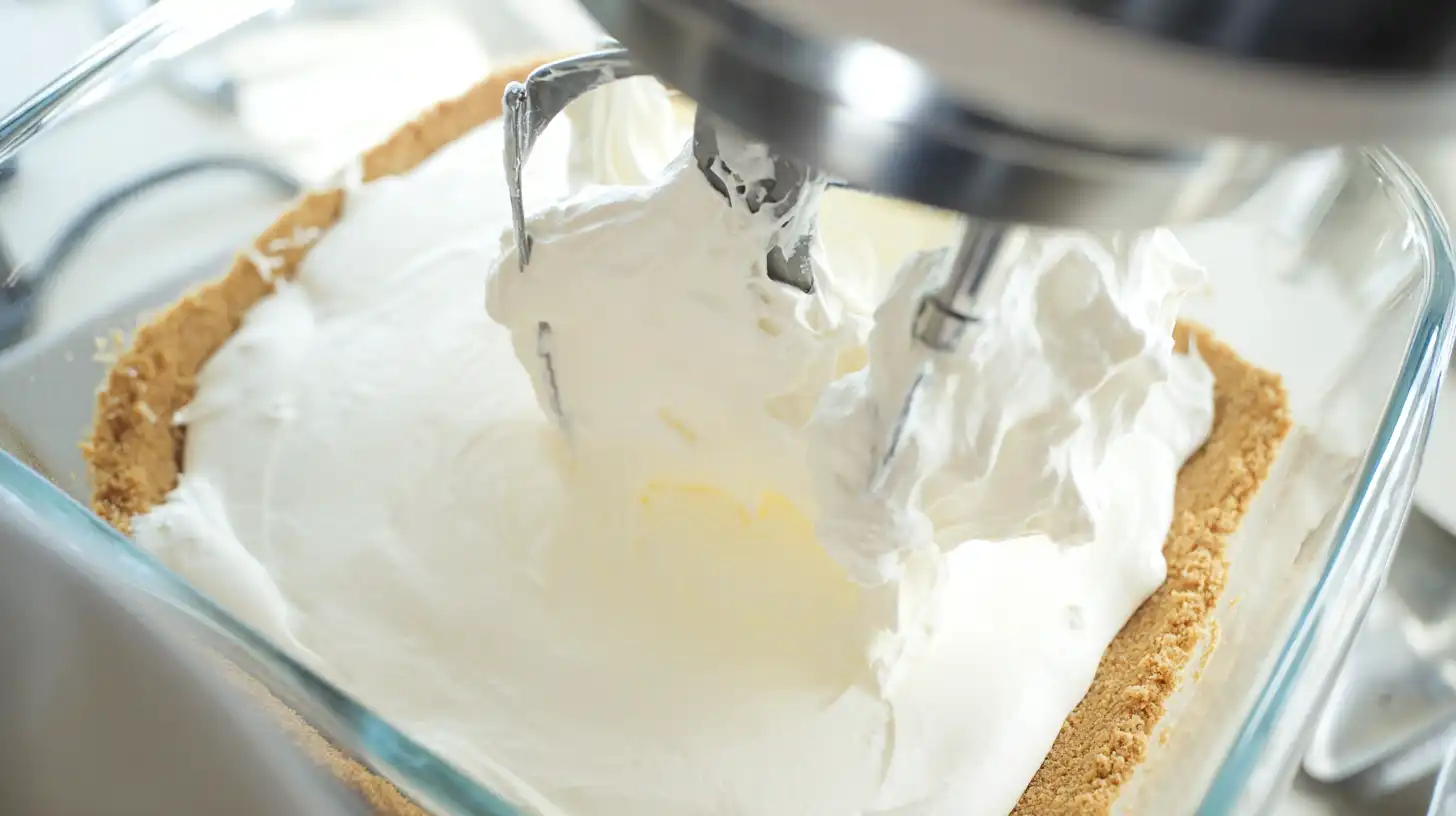 tropical-no-bake-strawberry-split-cake-step-2-cream-cheese-layer Making the cream cheese layer for Tropical No-Bake Strawberry Split Cake – smooth, airy filling for a layered tropical dessert.