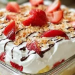 Final whipped cream topping for Tropical No-Bake Strawberry Split Cake – garnished with strawberries, coconut, and chocolate drizzle.