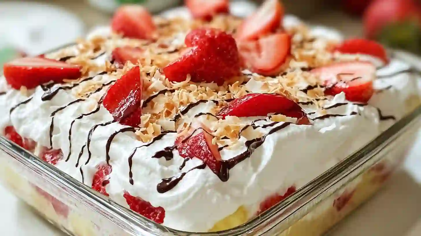 tropical-no-bake-strawberry-split-cake-step-5-top-and-chill Final whipped cream topping for Tropical No-Bake Strawberry Split Cake – garnished with strawberries, coconut, and chocolate drizzle.