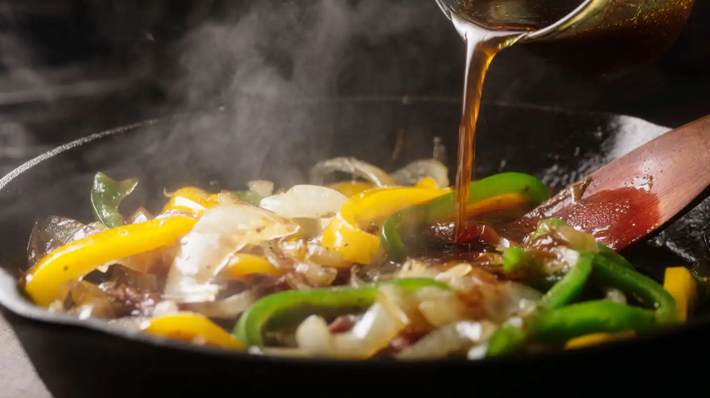 ultimate-philly-cheesesteak-pasta-add-broth-worcestershire Ultimate Philly Cheesesteak Pasta – adding beef broth and Worcestershire sauce to skillet for rich, savory base – comfort food pasta recipes